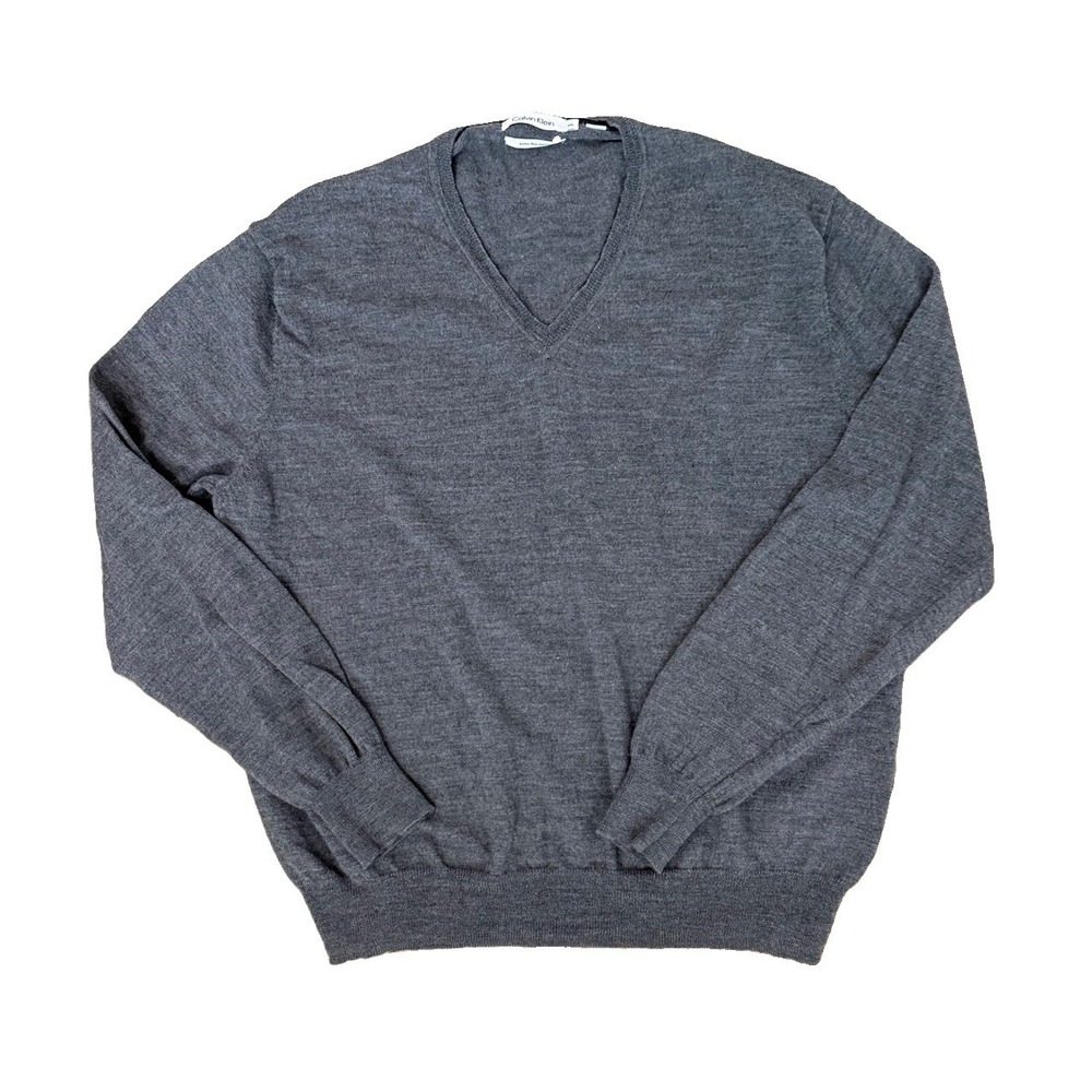 Calvin Klein Mens XXL 100% Merino Wool LS Sweater Charcoal V Neck Extra Fine